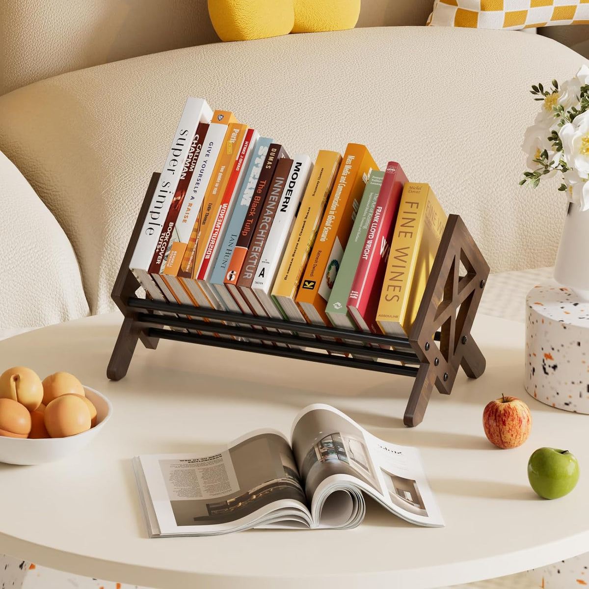 Desktop Bookshelf Organizer, Wood Office Tabletop Book Storage Rack, Tilting ...