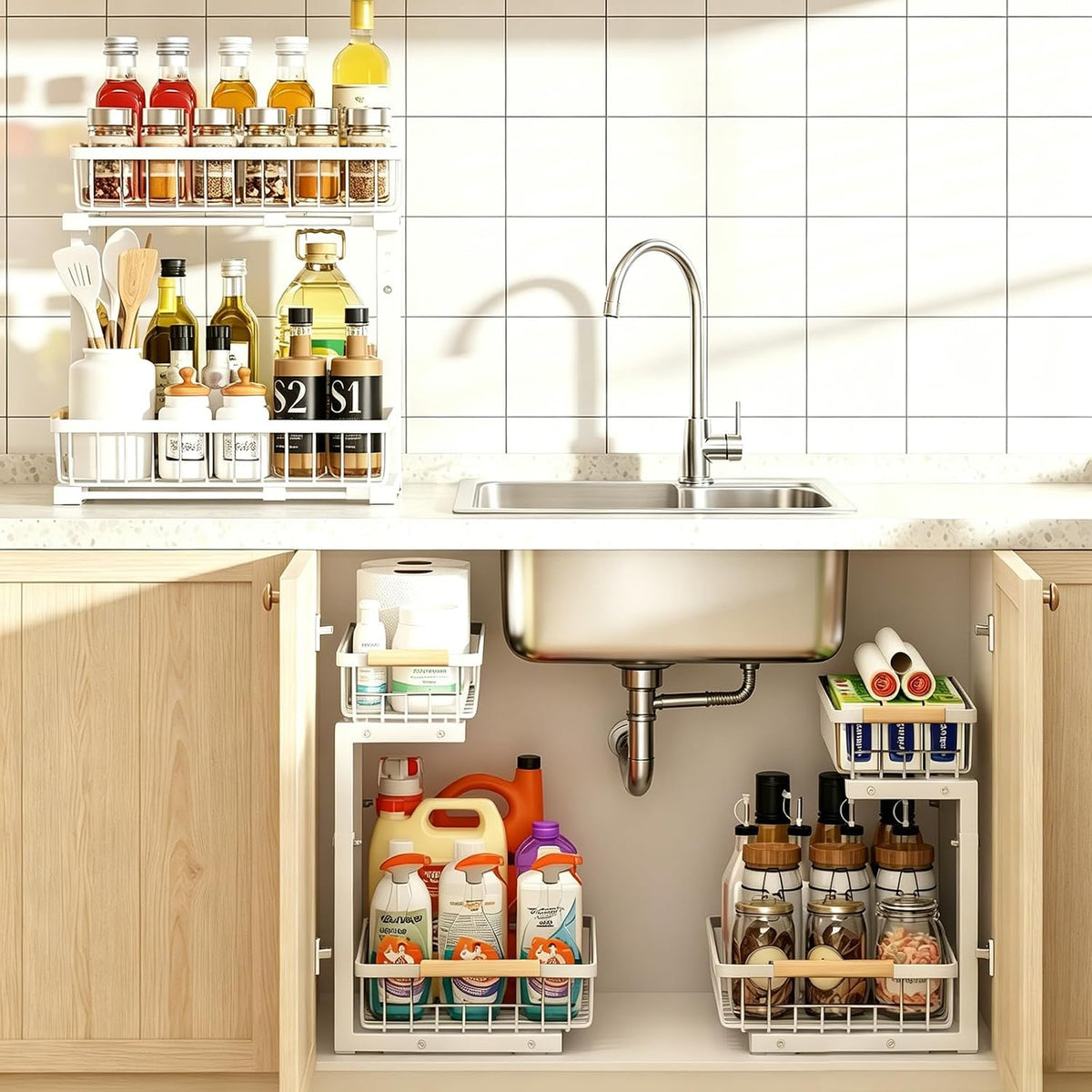 REALINN Under Sink Organizer, Height Adjustable Under Sink Organizers and Sto...