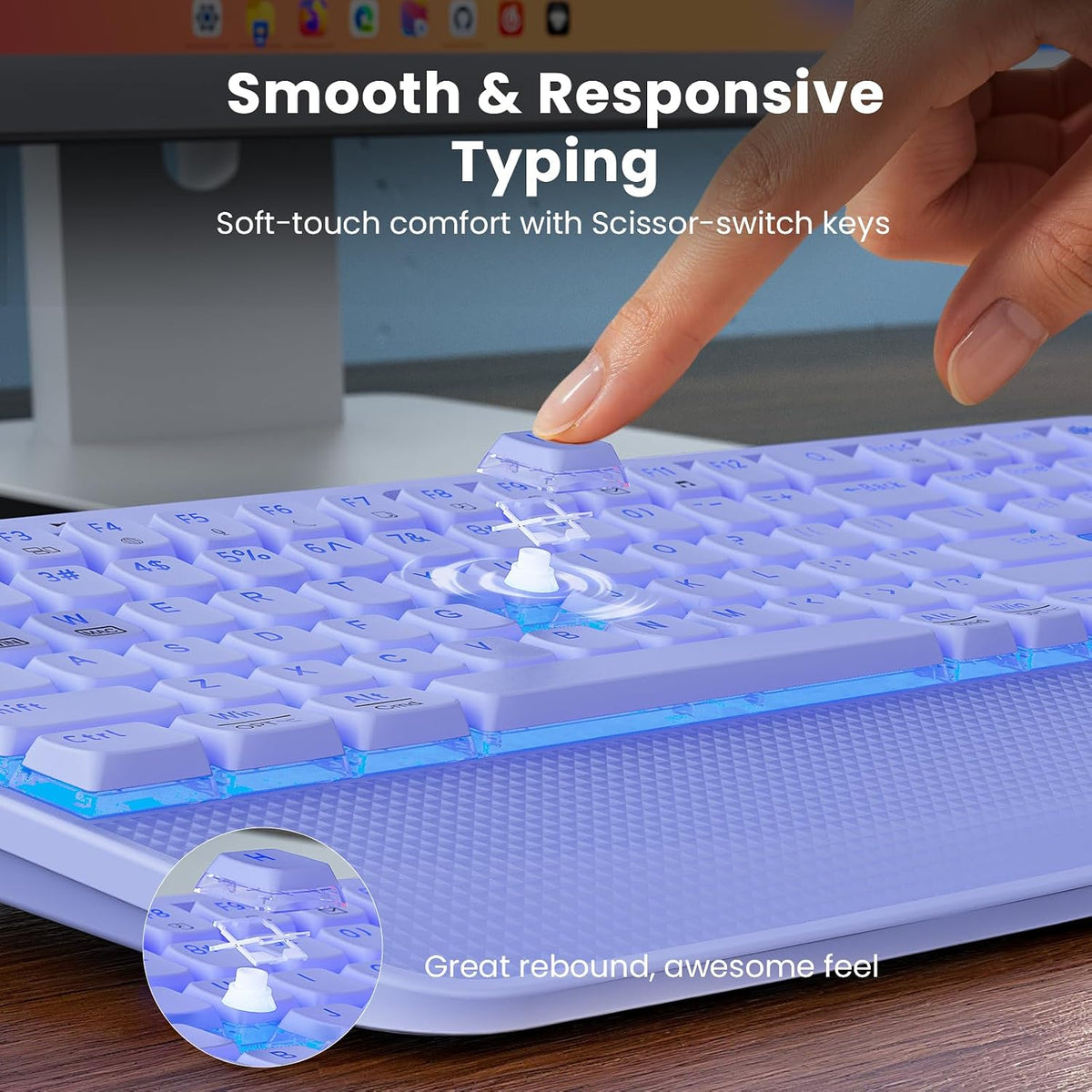 Purple Keyboard and Mouse Wireless Combo, 4000mAh Rechargeable Backlit Quiet ...