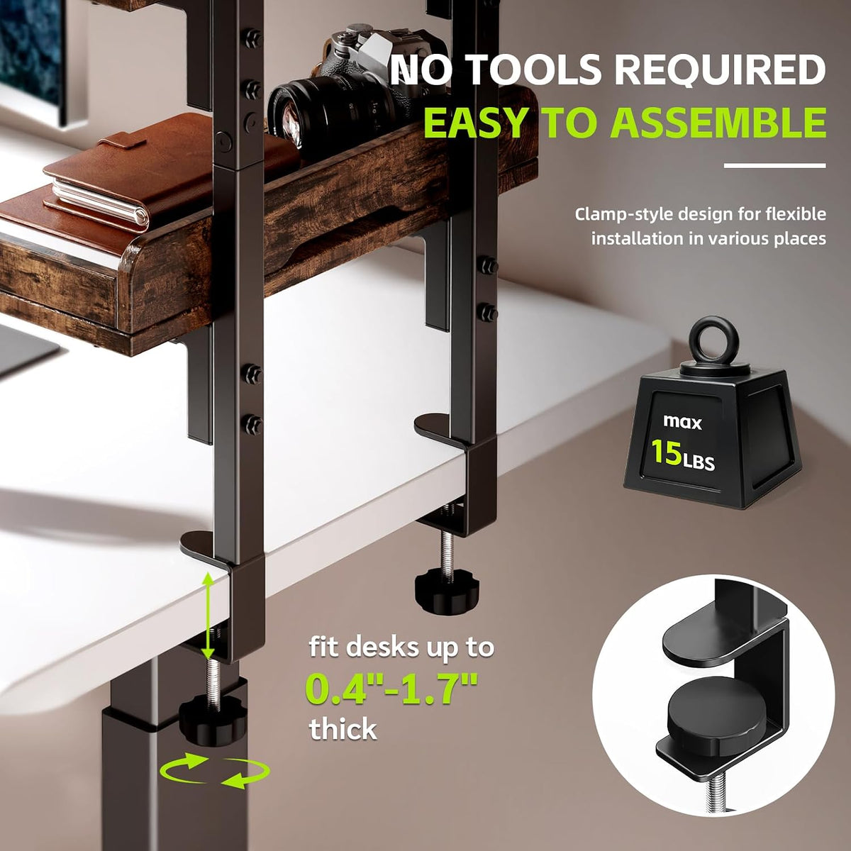 3-Tier Clamp on Wood Desktop Shelf, Adjustable Height Office Desk Organizer
