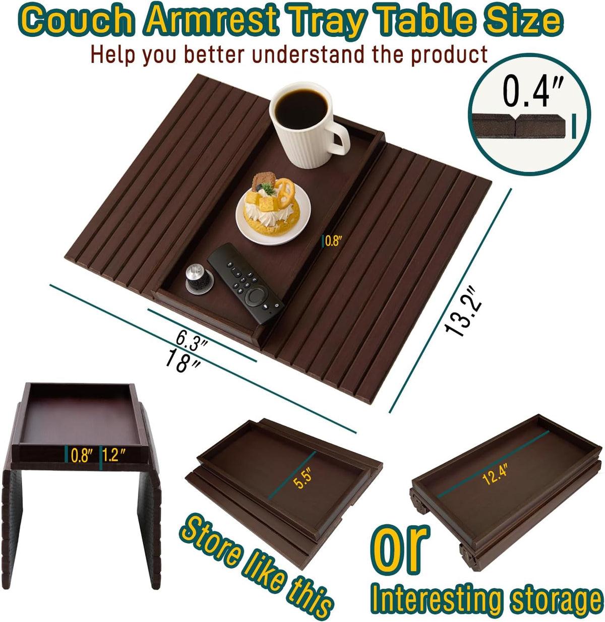 Bamboo Couch Arm Tray Table，Foldable Sofa Armrest Tray Table for Couch，Flexib...