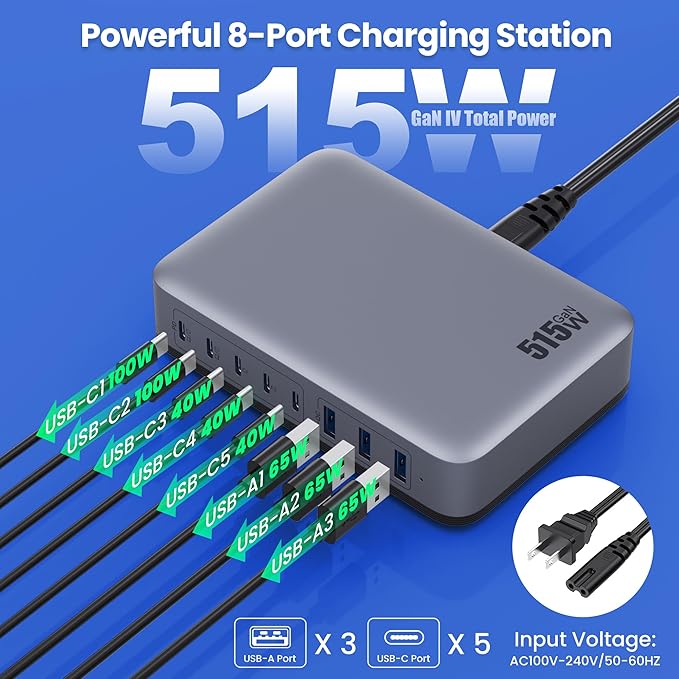 USB C Charger Block 515W GaN IV 8 Port Fast Charging Station Hub, Dual PD 100W - Image 2
