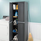 sterilite 4 shelf cabinet, lockable utility storage, gray on a desk or shelf