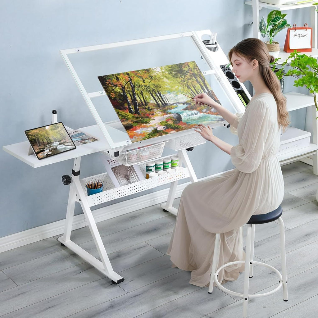 Drafting Table, Height Adjustable Art Tabe with Stool, White | 0-75° Tilting Tempered Glass Tabletop Art Drawing Table with Compartments, Trays, Rack and Drawers for Sketching Painting