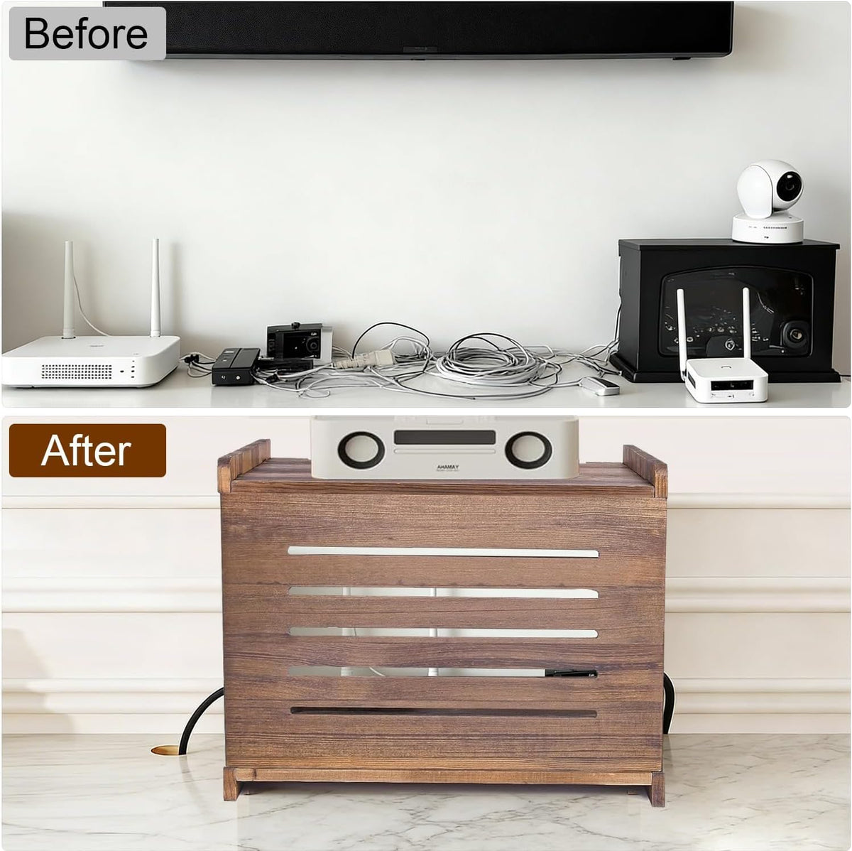 WiFi Box Hider Wood, Cable Organizer Storage Cabinet
