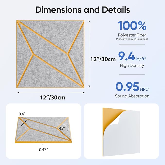UNECHO 12 Pack 12" X 12" X 0.47" Acoustic Panels - Image 3
