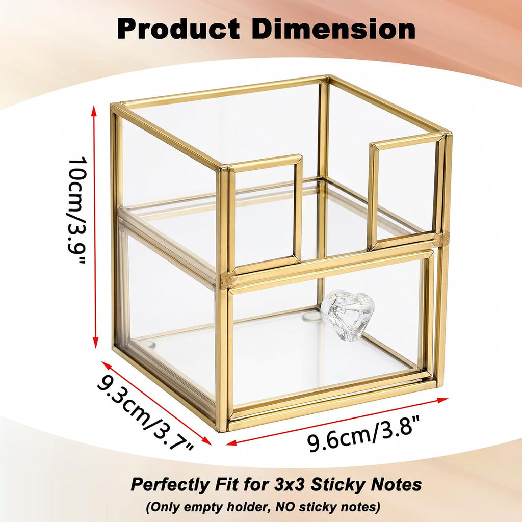 BTSKY Golden Glass 3x3 Inch Sticky Note Holder with Drawer, Elegant Post It Note Dispenser with Non-Slip Pads Clear Notepad Holder for Desk Organization Planning, Home Office Decor