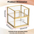 BTSKY Golden Glass 3x3 Inch Sticky Note Holder with Drawer, Elegant Post It Note Dispenser with Non-Slip Pads Clear Notepad Holder for Desk Organization Planning, Home Office Decor