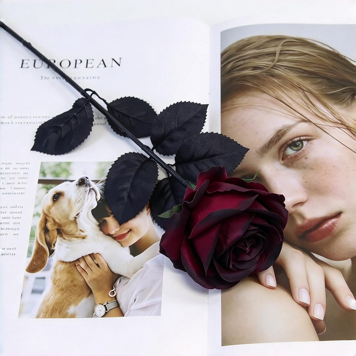 DoubleWood Halloween Artificial Silk Roses, 24Pcs Black Burgundy Flowers