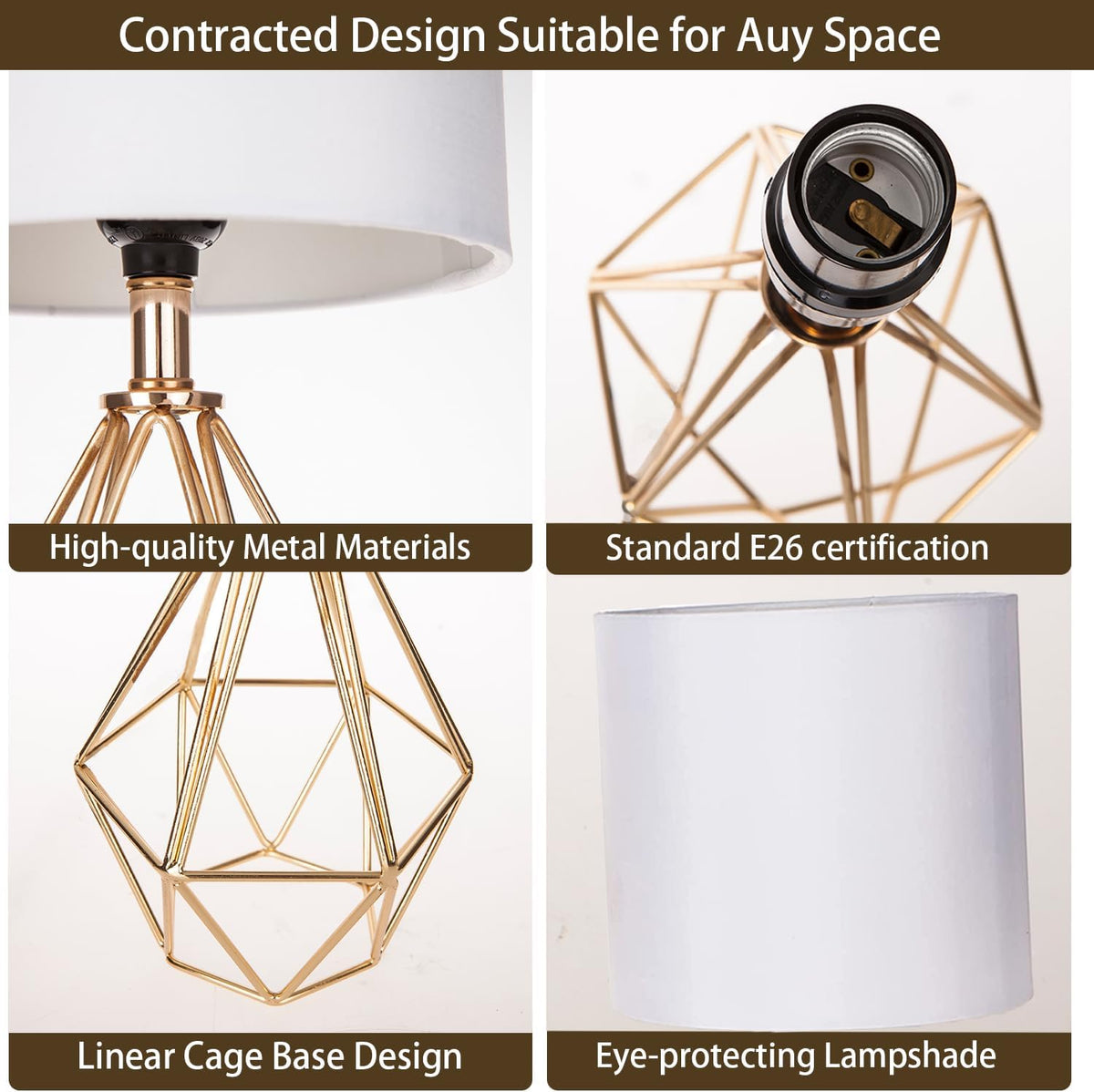 Small Gold Table Lamp Set of 2, Bedside Nightstand Lamps with White Shade, Ho...