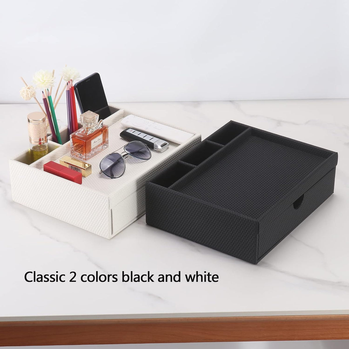 Leather Desk Organizer With Drawers, Home Cosmetics & Phone Remote Organi...