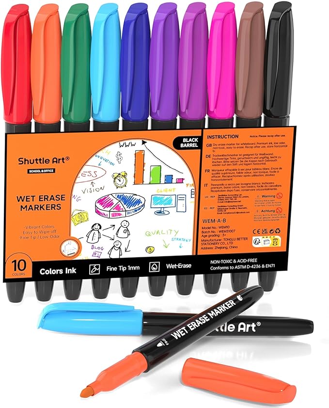 Shuttle Art Wet Erase Markers, 10 Colors 1mm Fine Tip Smudge-Free Markers by ShuttleArt