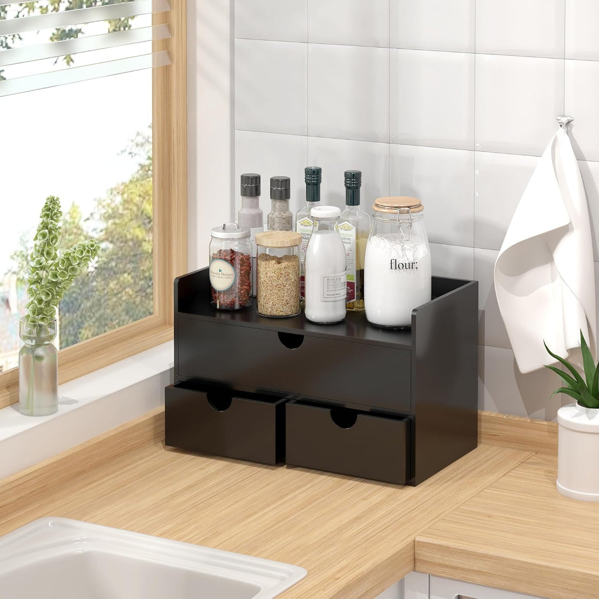 Bamboo Desk Organizer with Drawers Desktop Storage Drawers for Bills Office S...