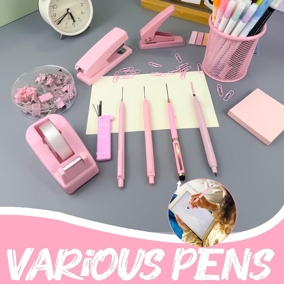 Pink Office Supplies, 17Pcs Pink Desk Accessories Set Include Stapler, Mesh D...
