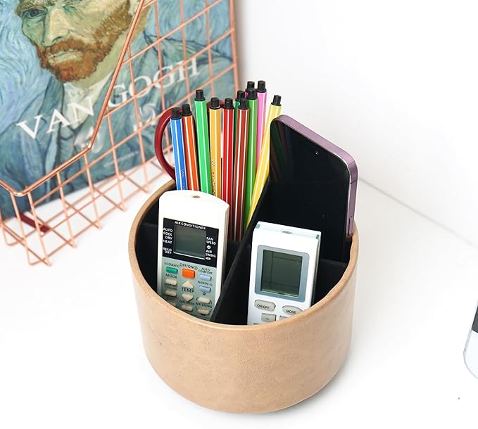 Hennaja Round Leather Art Supply Organizer, Remote Control Holder, 360 Degree - Image 6