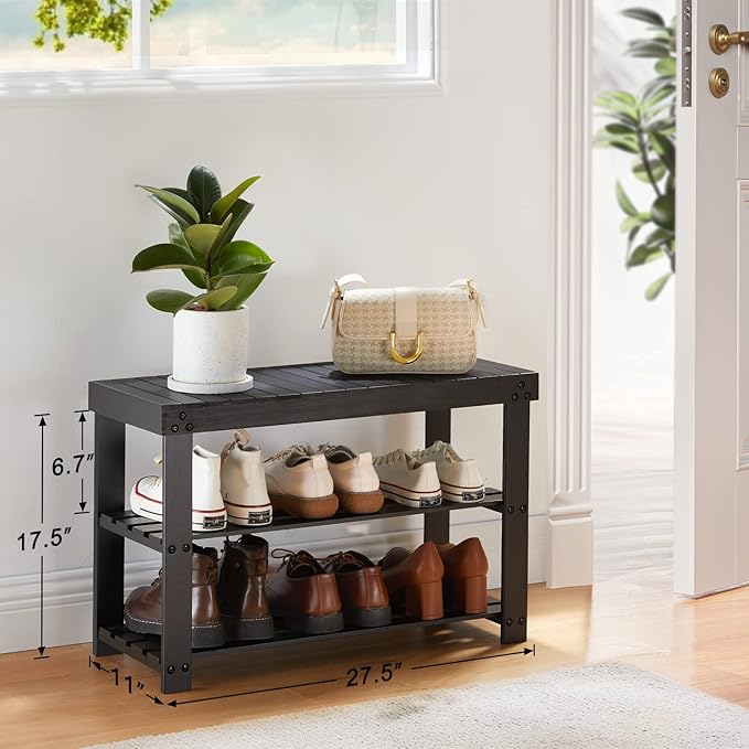 Pipishell Bamboo Shoe Rack Bench, 3 Tier Sturdy Shoe Organizer, Storage Shoe - Image 3