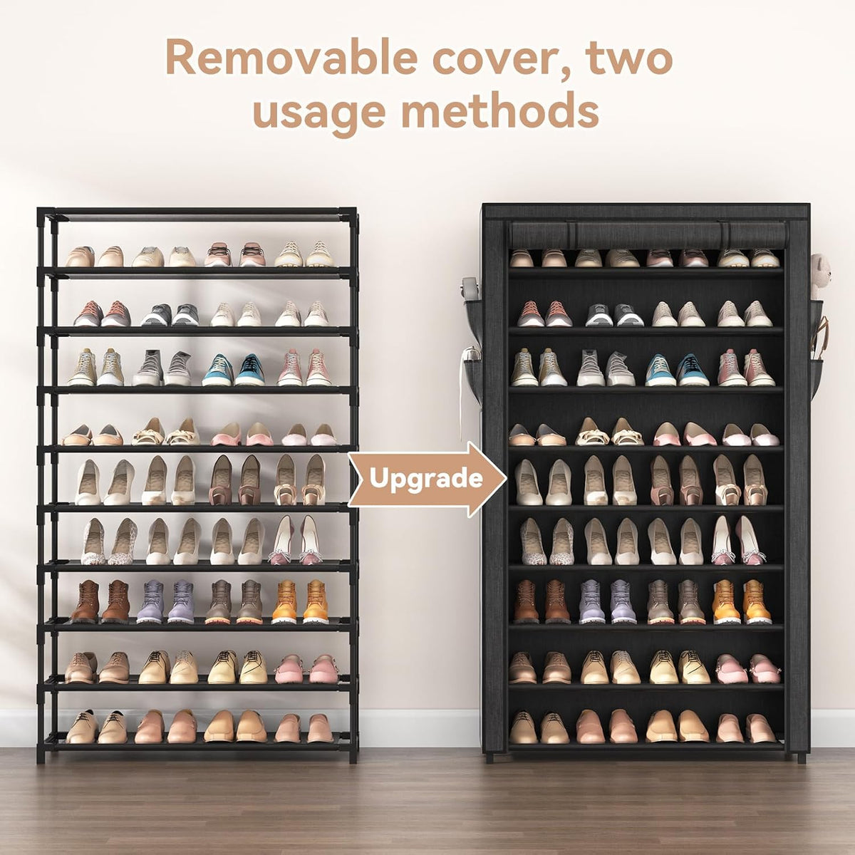 lanteful shoe rack with covers - 10 tiers showing dimensions