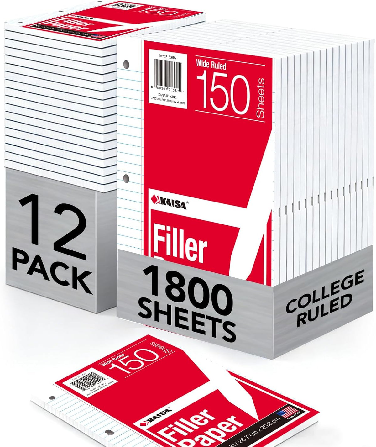 Kaisa loose Leaf Paper Filler Paper 150 Sheets 8"x10.5", Wide Ruled, 3-Hole