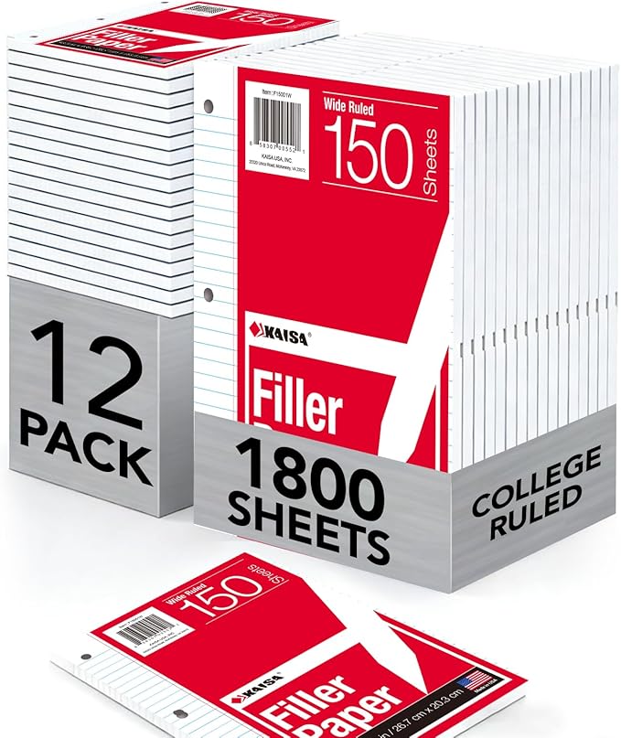Kaisa loose Leaf Paper Filler Paper 150 Sheets 8"x10.5", Wide Ruled, 3-Hole by KAISA