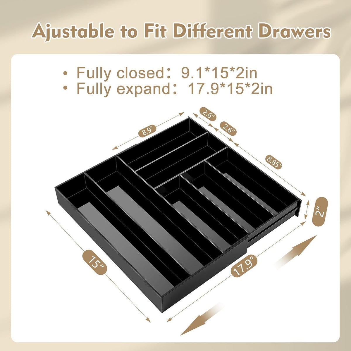 Briwooody Black Acrylic Drawer Organizer Expandable,7 Compartments,Large