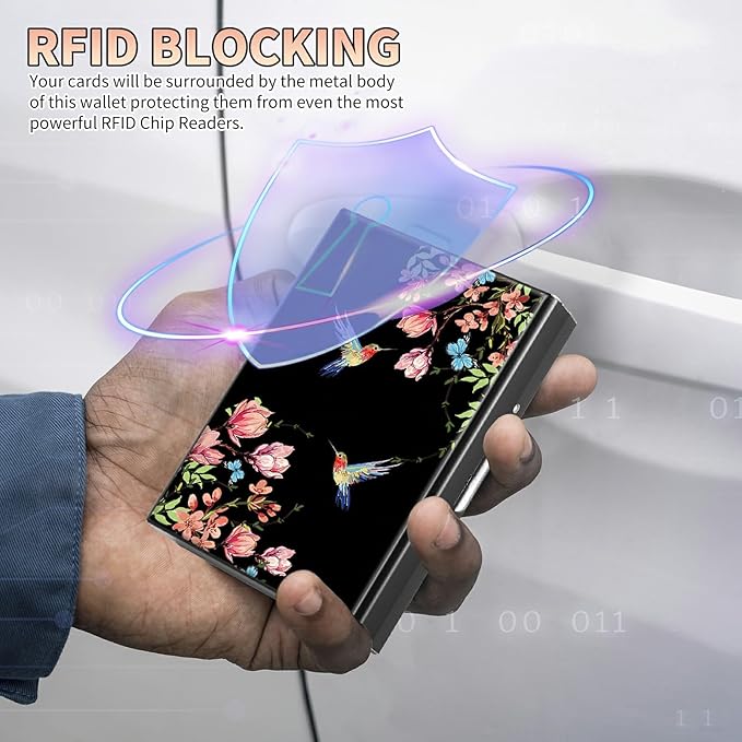 BWEGRHE Slim Credit Card Holder, Hummingbird Floral Sakura RFID Blocking Metal - Image 3