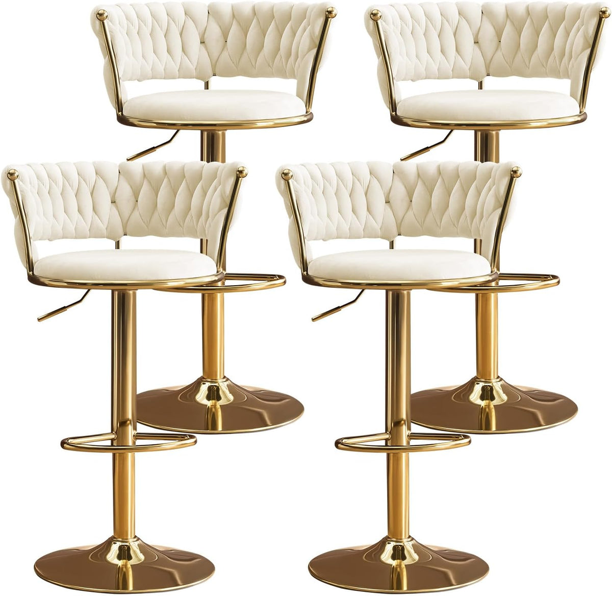 Beige Velvet Bar Stools Set of 4, Adjustable Counter Height