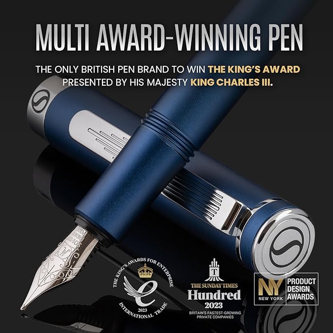 Scriveiner Luxury EDC Fountain Pen, Stunning Matt Blue Pocket Pen, Chrome Finish - Image 2