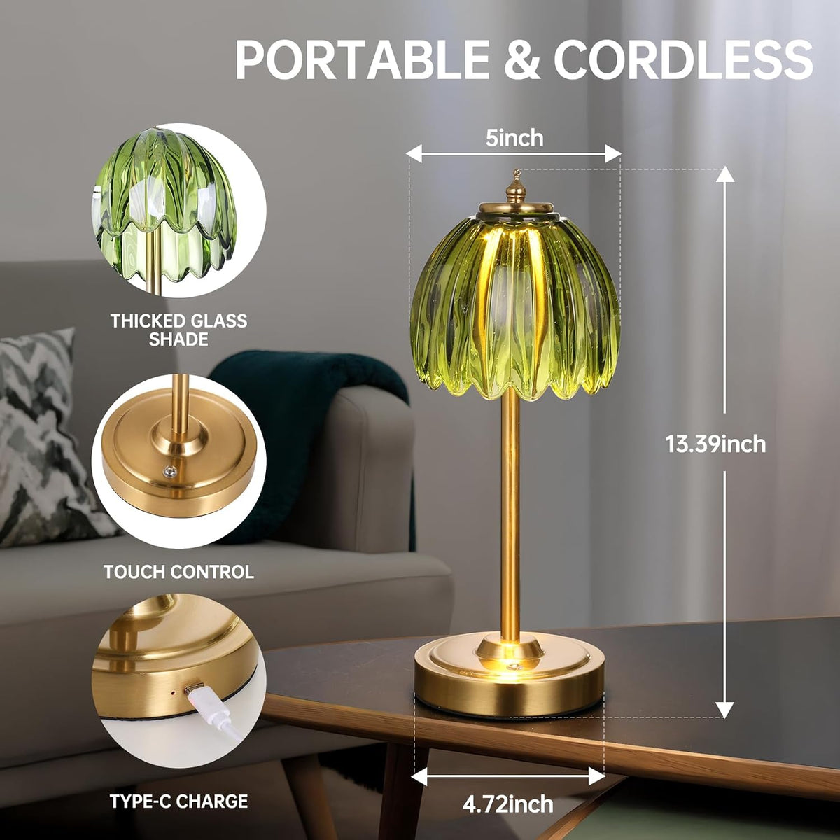 Shenmoyl Tulip Table Lamp with 5000mAh Battery & Touch Control, Cordless ...