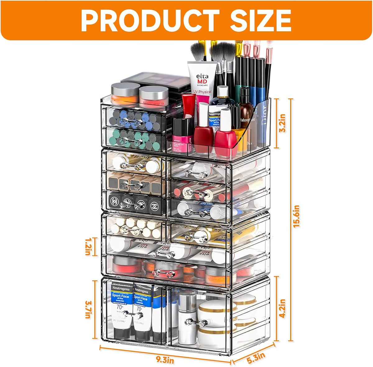 Cq acrylic Make Up Organizers for Vanity With 14 Drawers, 4 Pack Clear Drawer...