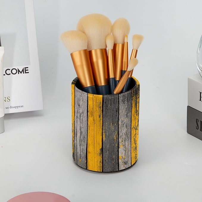 Leather Pen Holder for Desk Yellow Grey Gradient Wood Planks Pattern Pencil Cup - Image 6