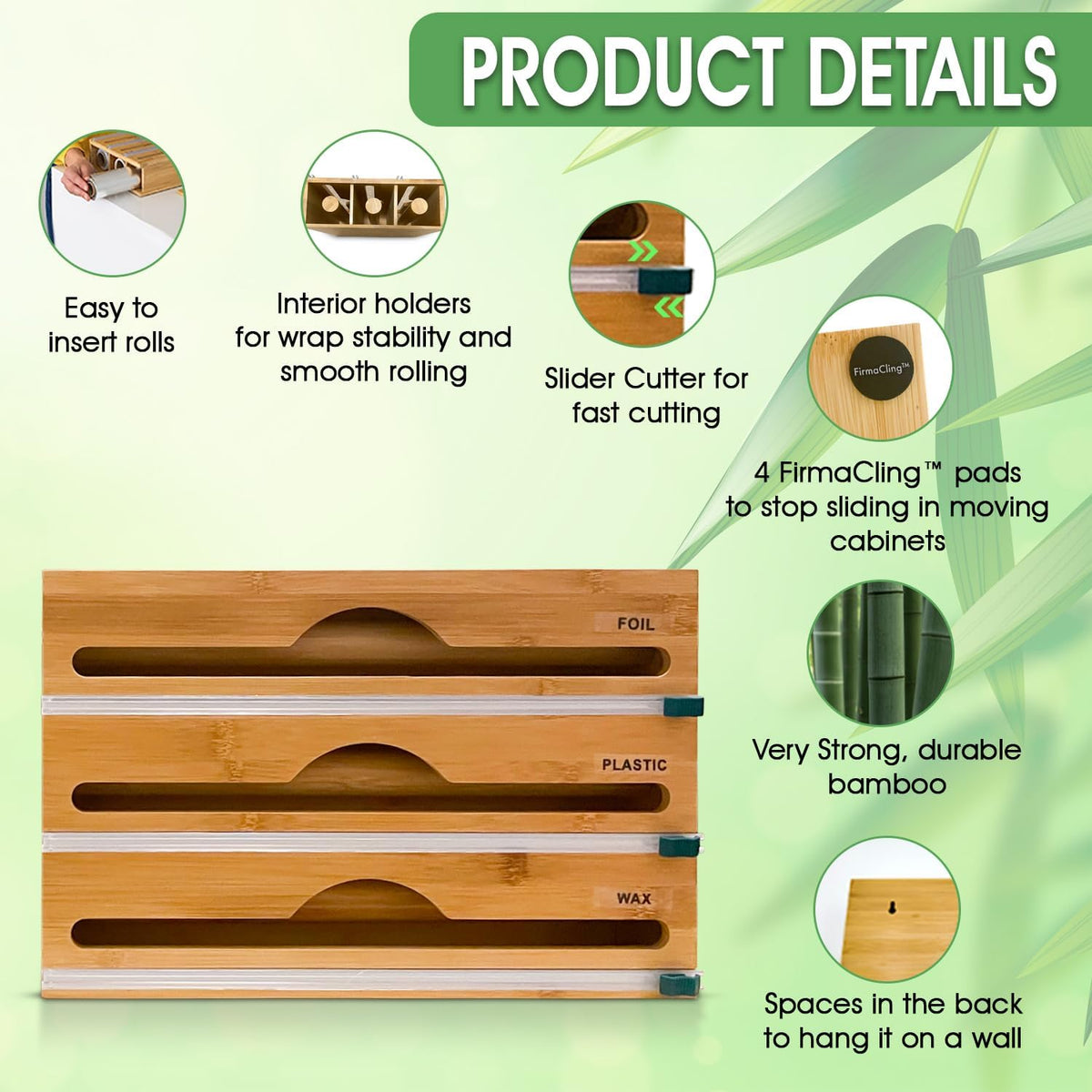 3-in-1 Bamboo Wrap Organizer with Cutters, Labels, Interior Holders, Anti-Sli...