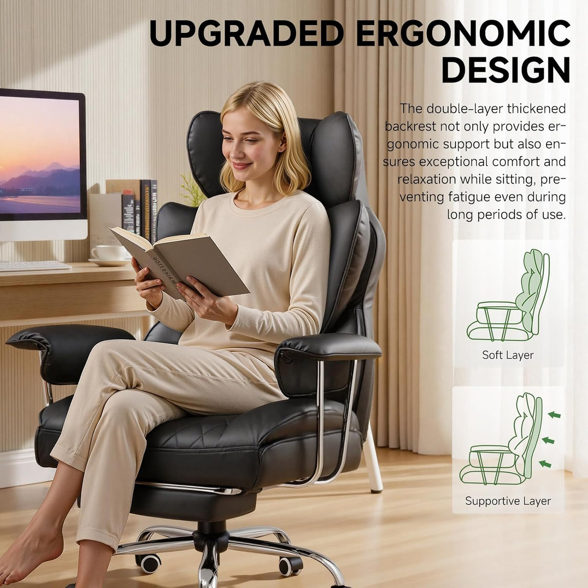 COMHOMA Big and Tall Office Chair, High Back Leather Gaming Chair with Footre...