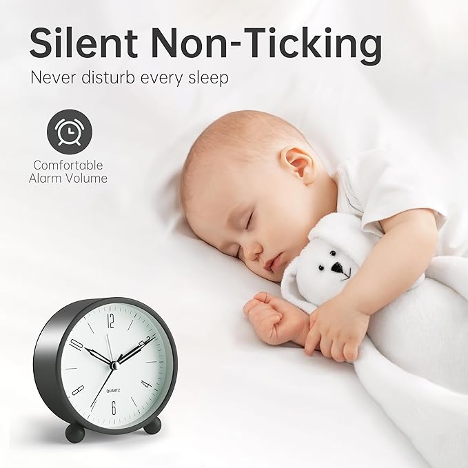 Analog Alarm Clock, 4 inch Super Silent Non Ticking Small Clock - Image 2