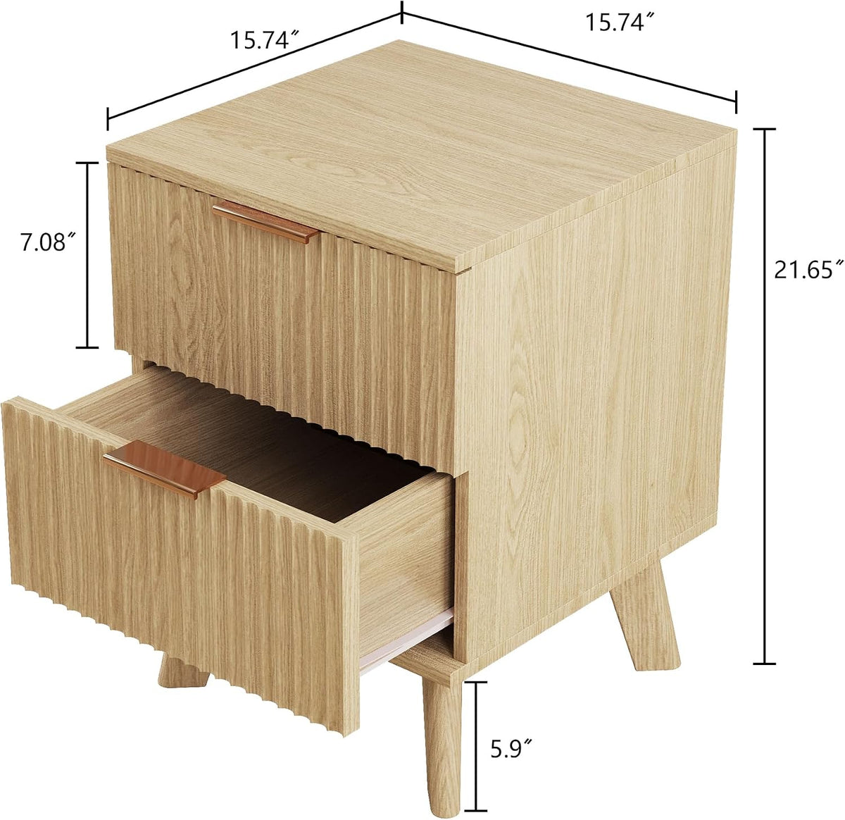 XUZENEST Fluted Nightstand, Mid Century Modern 2 Drawer Bedside Table for Bed...