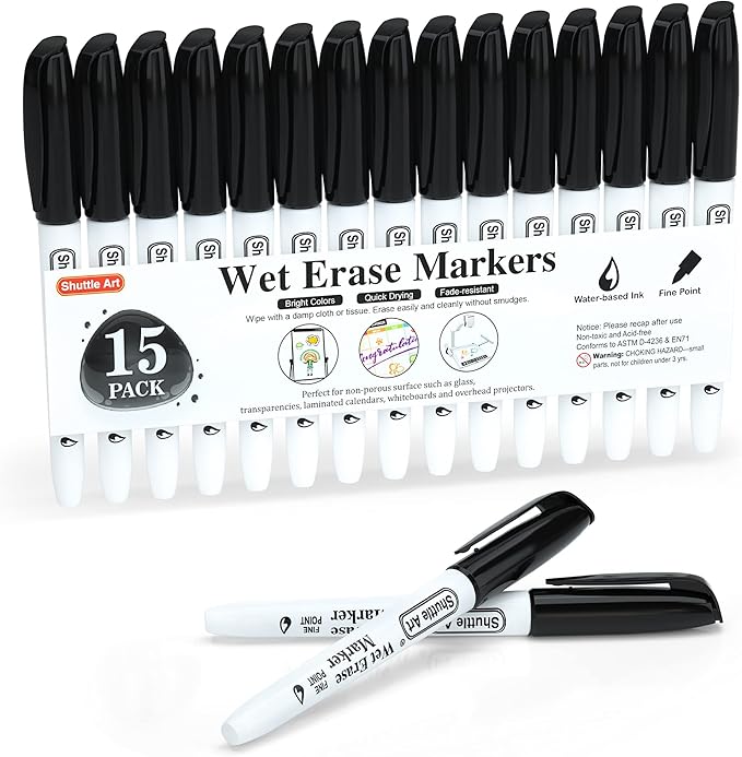 Shuttle Art Wet Erase Markers, 15 Pack Black 1mm Fine Tip Smudge-Free Markers by ShuttleArt