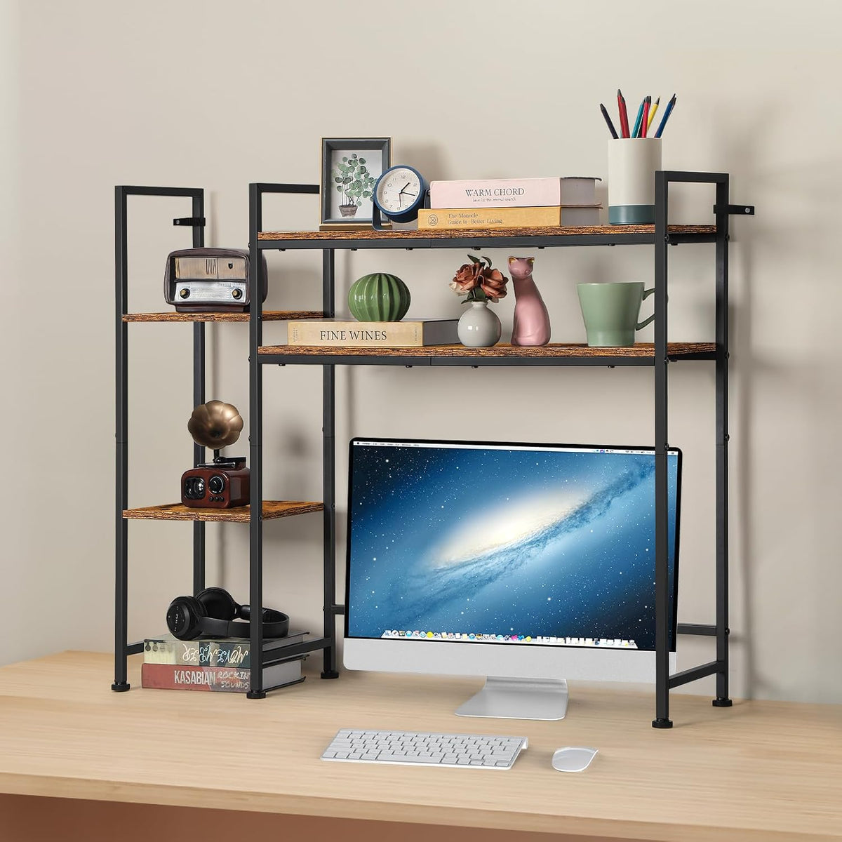 YBING Desktop Bookshelf, 4 Tier Desk Hutch Dorm Wood, Rustic Brown