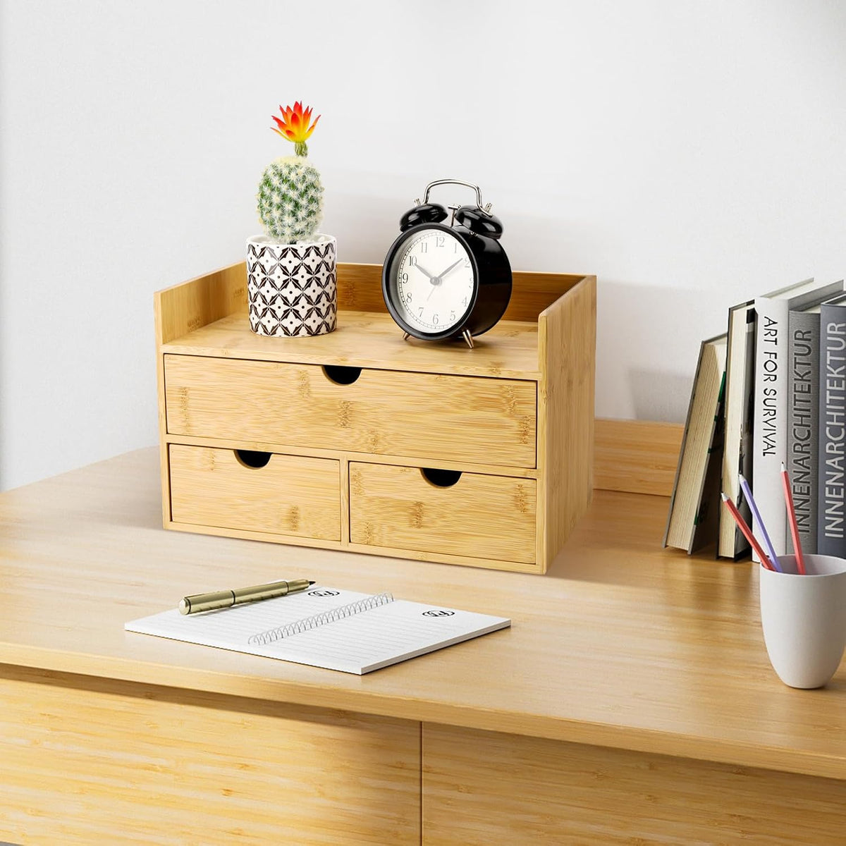 charmewooden bamboo desk organizer with drawers countertop drawers, close-up detail