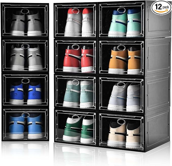 Amllas 12 Pack Shoe Boxes Stackable, Upgraded Sturdy Shoe Storage Boxes by Amllas