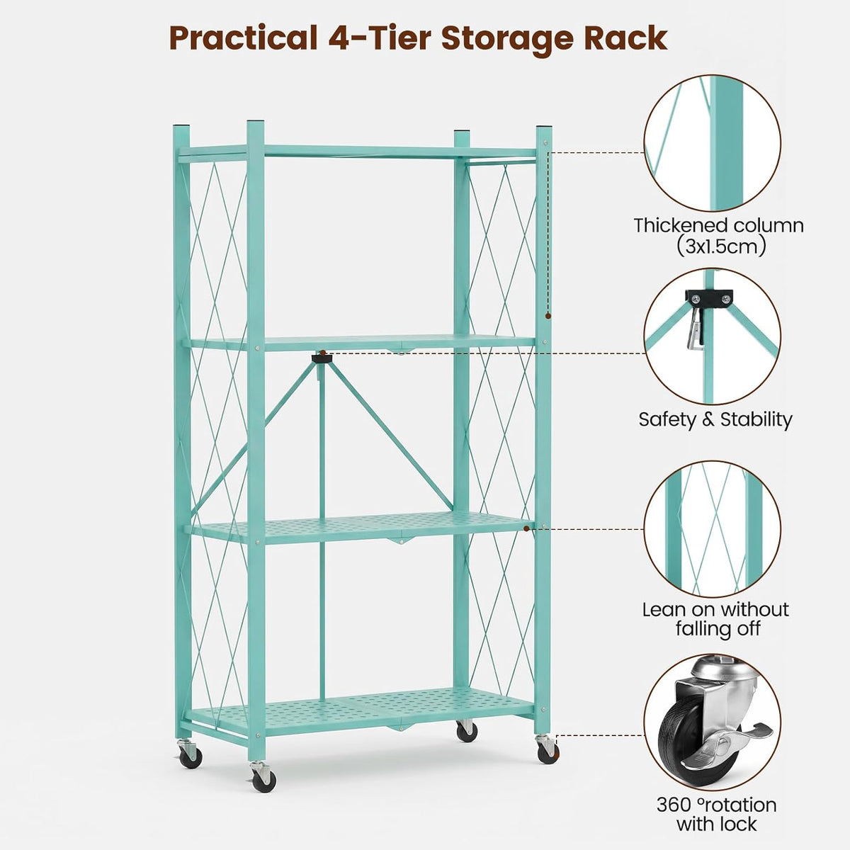 ALANNG 4 Tier Folding Shelf with Wheels, No Assembly Metal Storage Rack