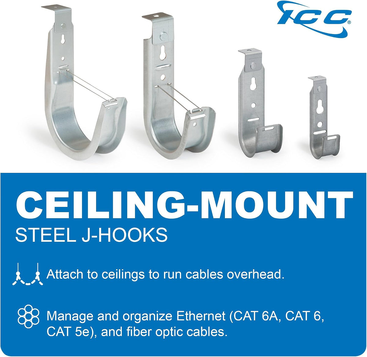 ICC 2-Inch Ceiling J Hook Cable Management Hook, Retainer Clip, 25-Pack