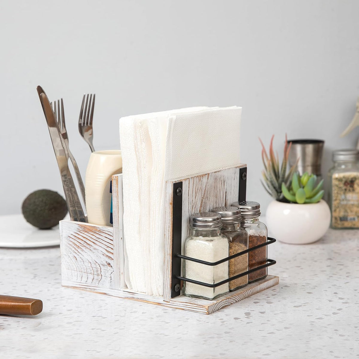 Rustic Whitewashed Wooden Kitchenware Organizer Napkin Utensil Spice Holders ...