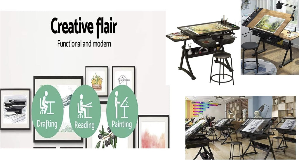 Glass Drafting Table Art Desk – Adjustable Professhional Artwork Drawing Drafting Table Desk, Glass-Topped Art Table for Craft Station Studio Home Office School w/Drawers (Black)