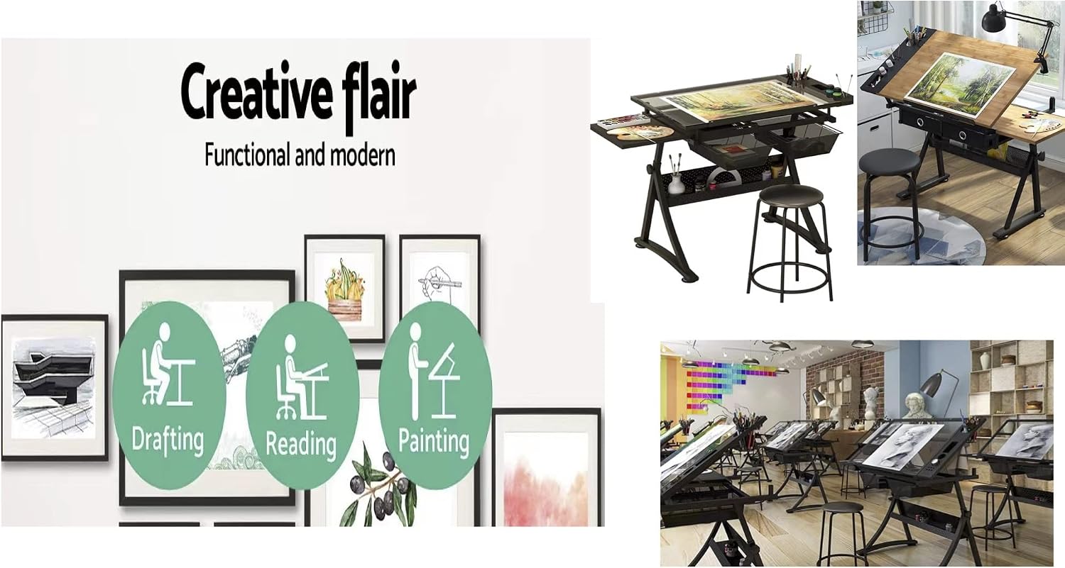 Glass Drafting Table Art Desk – Adjustable Professhional Artwork Drawing Drafting Table Desk, Glass-Topped Art Table for Craft Station Studio Home Office School w/Drawers (Black)