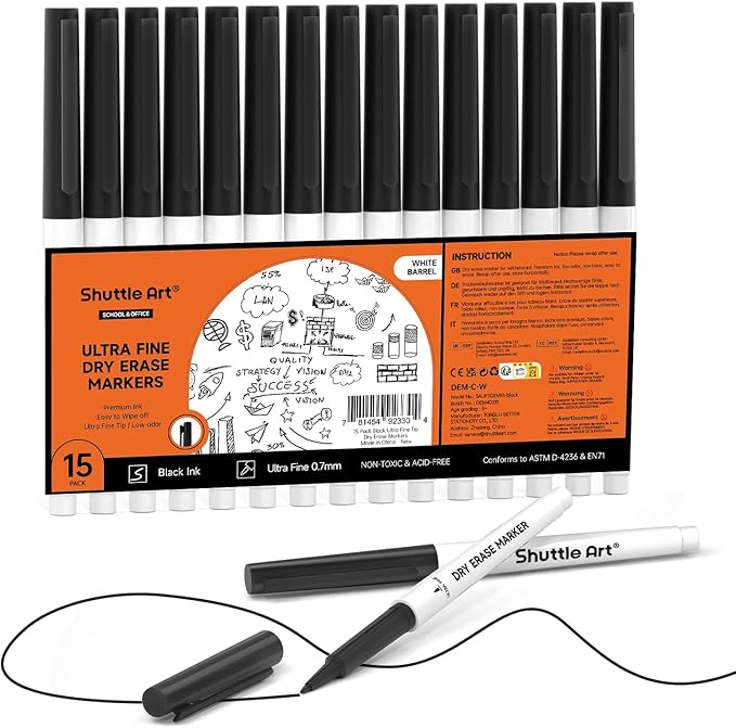 Shuttle Art Ultra Fine Dry Erase Markers, 15 Pack Black Whiteboard Markers by ShuttleArt
