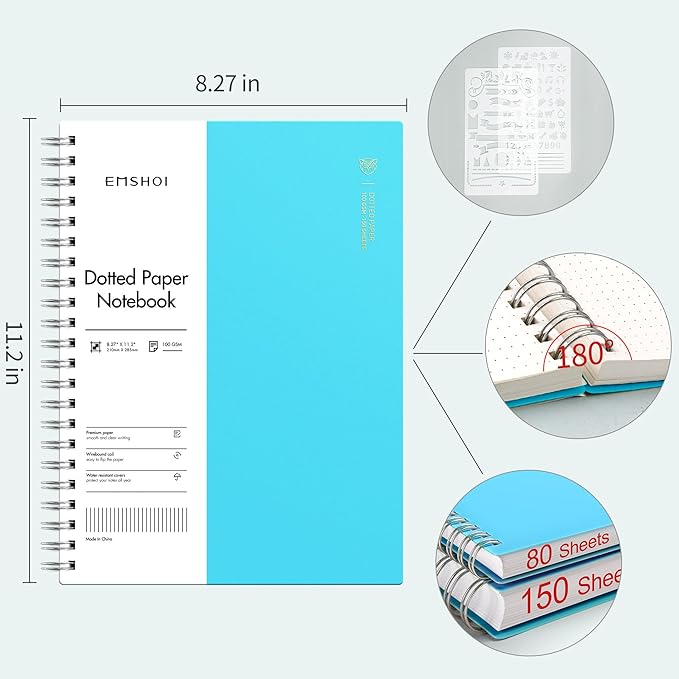 EMSHOI A4 Spiral Notebook Bullet Dotted journal, 11.2" X 8.27", 300 Pages/150 - Image 3