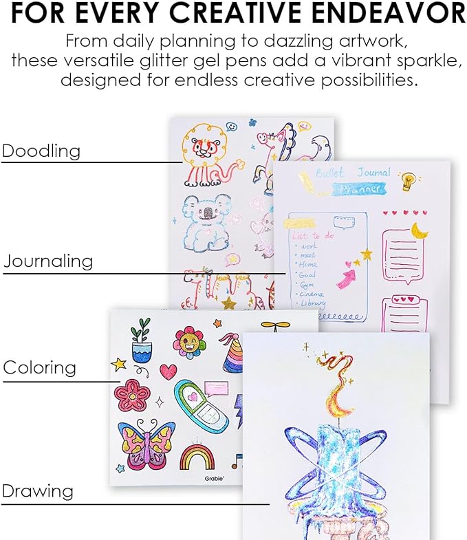 Grabie 42 Capped Glitter Gel Pen Set, 18 Iridescent&24 Essential Color Pens - Image 3