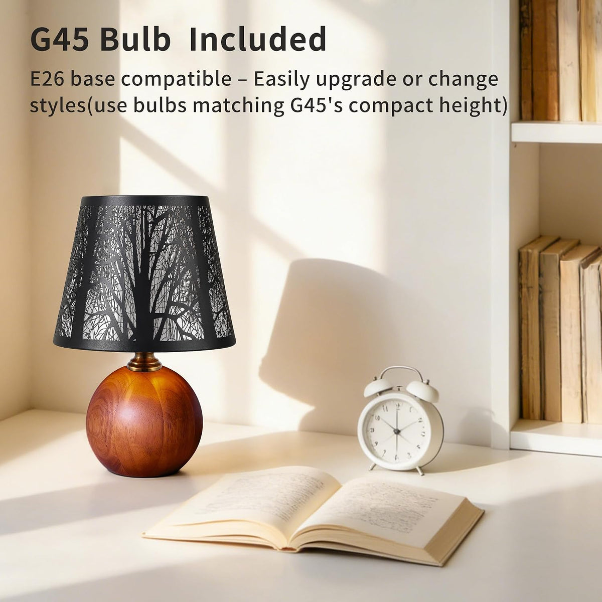 11.4" Rustic Solid Wood Small Table Lamp with Metal Forest Shade
