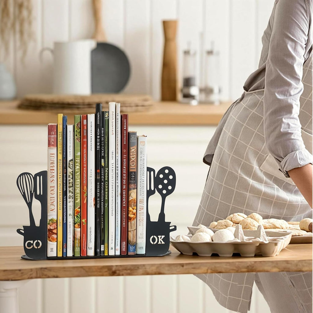 ENCIMART Metal Book Ends for Shelves, Kitchen Bookends Home Decorative Bookends for Heavy Books, Unique Cute Cookbook Organizer Book Holder for Kitchen Housewarming Cooking Book Lover Gifts, Black