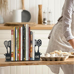 ENCIMART Metal Book Ends for Shelves, Kitchen Bookends Home Decorative Bookends for Heavy Books, Unique Cute Cookbook Organizer Book Holder for Kitchen Housewarming Cooking Book Lover Gifts, Black