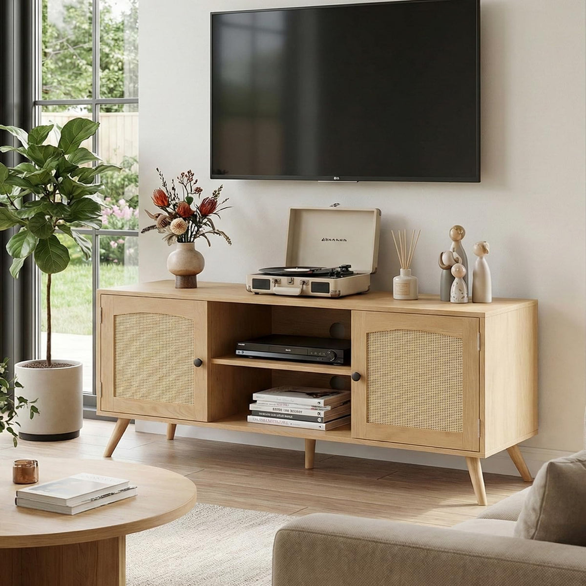 holzart Mid Century Modern Rattan TV Stand for 55/60 Inch TV - 53" Boho ...